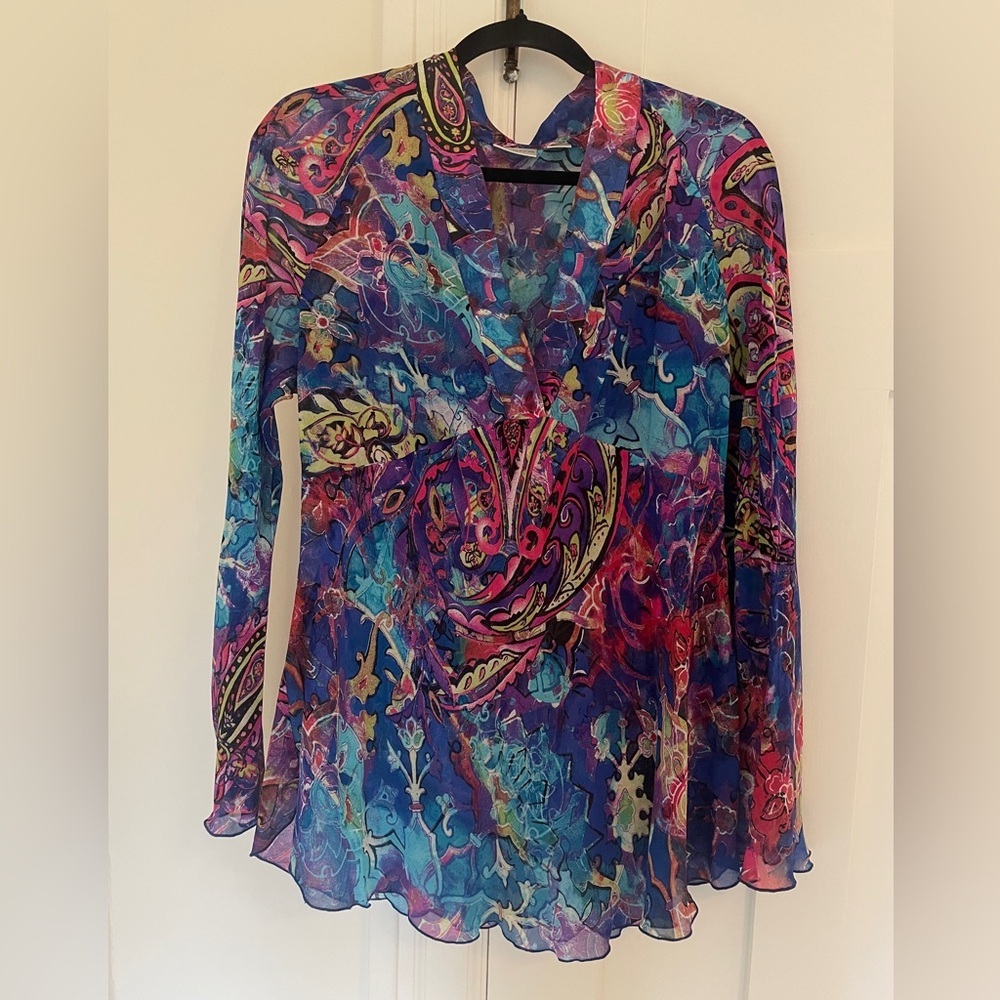 Chico’s 100% Silk Abstract Colourful Tie Dye Paisley Tunic Blouse Boho | L
